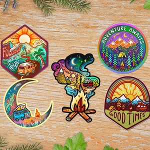 5 ADESIVOS HAPPY CAMPER // Vinil 3" - Pacote de adesivos de aventura ao ar livre, hippie e psicodélico