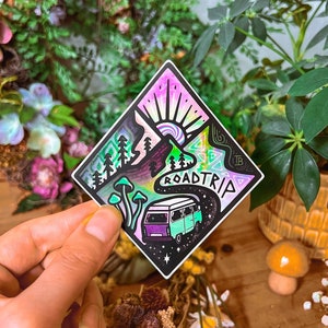 ROAD TRIP // Weatherproof Outdoor & Vanlife Sticker // Vinyl 3" - Trippy Kombi, Colorful, Mushrooms