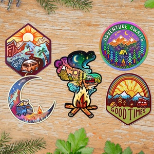 Sticker Pack of 5 // HAPPY CAMPER Sticker Bundle // Vinyl 3" - Trippy, hippie, outdoorsy adventures