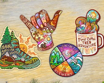 4 ADVENTURE STICKERS // Vinyl 3" - Trippy, hippie adventure sticker bundle