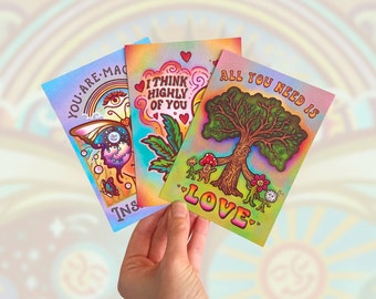 Love Bundle // 3 Postcards, Greeting Cards, Alter Cards, Valentines // C6 - Trippy, rosy, hippie