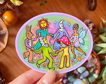 CIRCLE DANCE // Weatherproof Outdoor Sticker // Vinyl 4" - Mushroom, Fairy, Mystical