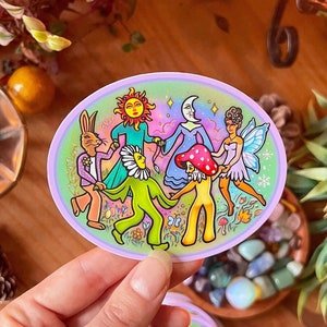 CIRCLE DANCE // Weatherproof Outdoor Sticker // Vinyl 4" - Mushroom, Fairy, Mystical