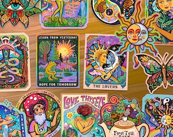 14 NEW STICKERS // Sticker Bundle  // Trippy, Hippie, Sun and Moon