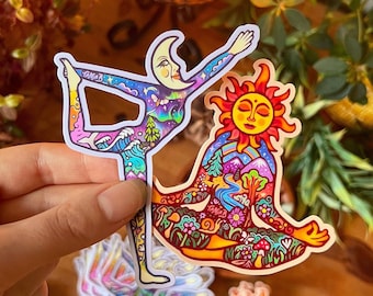 SUN & MOON DUO // Weatherproof Outdoor Sticker // Vinyl 4" - Yoga, meditation, trippy