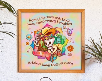 DON'T WORRY Poster // Skeleton Art print - Adventure, explore, affirmation // Vibrant wall decoration