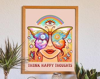 Poster THINK HAPPY THINDS // Impression Van Art - voyage, trippy, groovy // Décoration murale vibrante