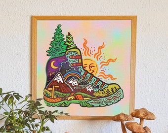 HIKING Poster // Nature Art print - boot, landscape, groovy // Vibrant wall decoration