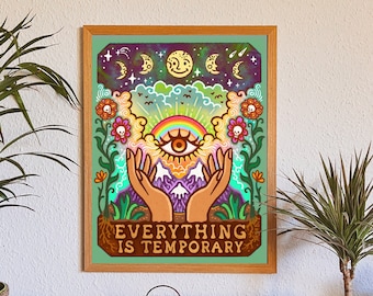 EVERYTHING IS TEMPORARY Poster // Trippy Art print - floral, evil eye, groovy // Vibrant wall decoration