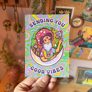 SENDING GOOD VIBES // Postkarte, Grußkarte // C6 - Trippy, Spiritualität, Pilz