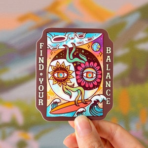 FIND YOUR BALANCE // Weatherproof Outdoor Sticker // Vinyl 2.9" - Yin and Yang, Flowers, Surfing