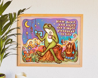 SLOW DOWN Poster // Frog Art print - journey, reading, toad // Vibrant wall decoration