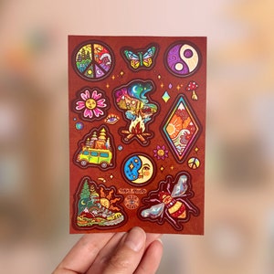 FOGLIO ADESIVI // Adesivi colorati resistenti alle intemperie // Vinile 3" - Natura, fiori e hippie, buone vibrazioni, arte arcobaleno psichedelica