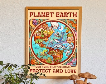May include: A framed poster with the words "PLANET EARTH" and "OUR HOME THAT WE SHALL PROTECT AND LOVE". The artwork features a colorful illustration of the Earth with various animals and landscapes. The poster is displayed on a wooden surface with a plant, crystals, and decorative items.