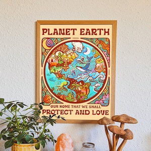 PLANET EARTH Poster // Minimalistischer Kunstdruck - Tiere, Umweltschützer, Groovy // Lebendige Wanddekoration
