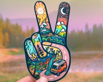 V-SIGN // Weatherproof Outdoor and Laptop Sticker // Vinyl 4&quot; - Peace Hand Sign, Nature, Artsy