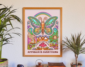 Appreciate Everything Poster // Butterfly Art print - affirmation, groovy, retro // Vibrant wall decoration