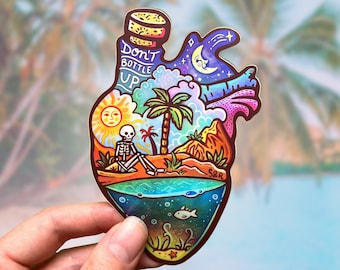 DON'T BOTTLE UP // Weatherproof Outdoor Sticker // Vinyl 4" - Skeleton, Beach & Nature