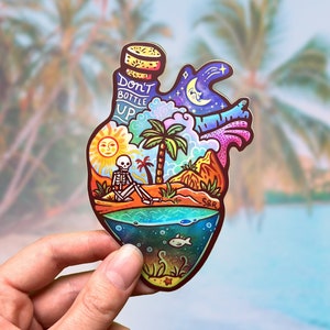 DON'T BOTTLE UP // Weatherproof Outdoor Sticker // Vinyl 4" - Skeleton, Beach & Nature