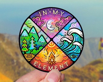 IN MY ELEMENT // Weatherproof Outdoor Sticker // Vinyl 3&quot; - Nature, Fire, Mountains and Waves