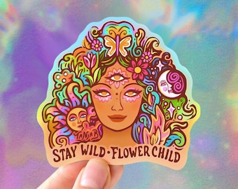 STAY WILD FLOWERCHILD // Weatherproof Outdoor Sticker // Vinyl 3.5" - Groovy, 70's, flower power, hippie