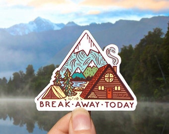 Triangular Landscape // Cabin & Tent in Nature - Weatherproof Outdoor Sticker // Vinyl 3"