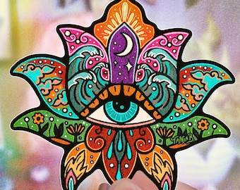 LOTUS //  Trippy Vinyl Sticker  // Psychedelic Third Eye Art, Yoga