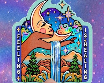 FEELING IS HEALING // Mental Health Sticker // Vinyl 3" Moon, waterfall, witchy