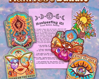 5 MANIFEST STICKERS + Guide // Affirmation Bundle // Attract, bliss, motivational art