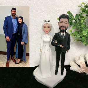 Personalized wedding cake topper, Custom bobblehead figure sculpture of bride and groom, Unique birthday gift, Polymer clay statue sculpture