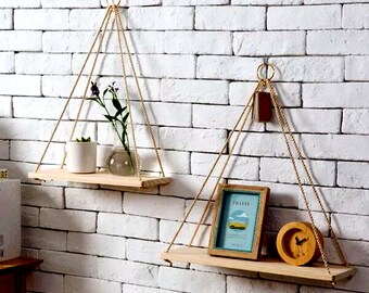 Wood Rope Swing Shelves Kids Room Storage Holder Wall Hanging Shelf Home Decor