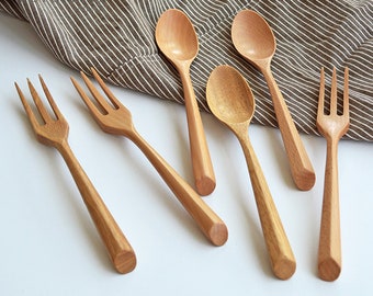 Wooden fork, Natural wood dinner forks, Wood soup spoon, Dessert spoon, Reusable wood dinnerware, Big wooden stirring spatula,Kids tableware
