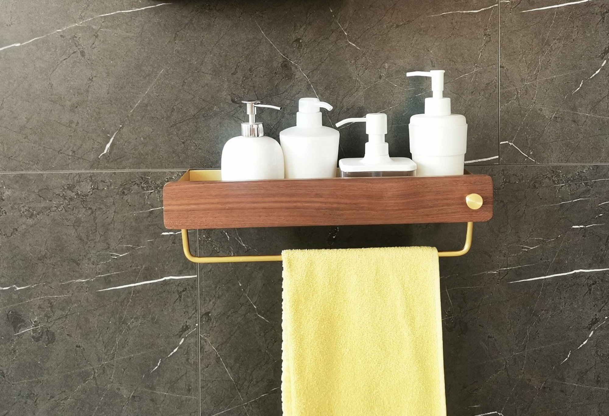 Walnut wood bathroom shelf with metal towel bar Floating Etsy