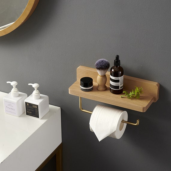 Antique Black Walnut Wooden Double Toilet Paper Holder, Brushed Brass Wall  Mounted Rustic Paper Towel Holder with Shelf