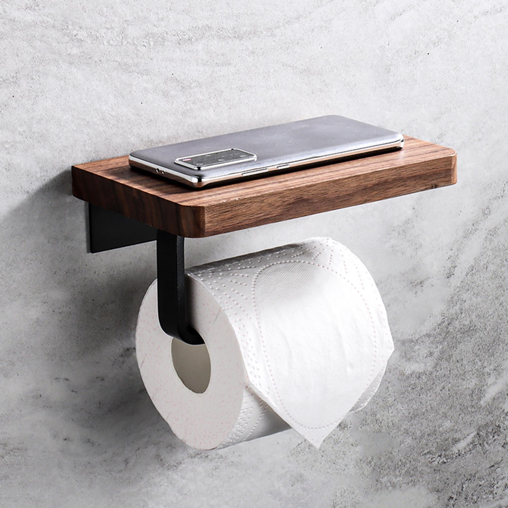 Antique Black Walnut Wooden Double Toilet Paper Holder, Brushed Brass Wall  Mounted Rustic Paper Towel Holder with Shelf