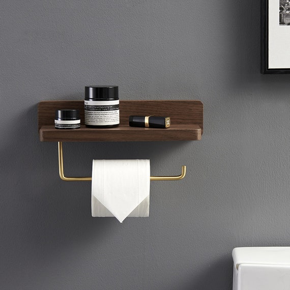 Walnut Wood Toilet Paper Towel Holder With Shelf, Wall Mounted Rustic  Modern Bathroom Organizer Shelf for Tissue Rolls, Hand Towels 