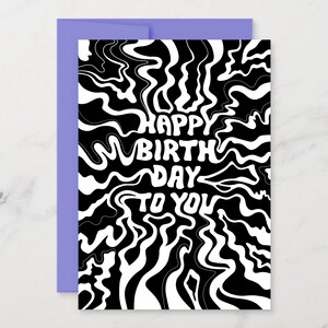 Cartão de aniversário psicodélico preto e branco - cartão de aniversário divertido desenhado à mão com impressão digital pronto