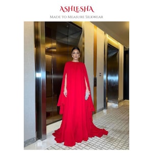 valentino red cape dress Valentino Red Draped Midi Dress with Cape Overlay