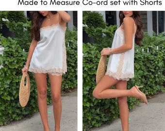 Mulberry Silk Matching Set: High waisted Shorts + Long Lacey top, Spaghetti Strap, Lace all over, 2 Piece set (ANY color of your choice)