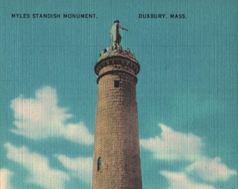 Vintage Linen Postcard Myles Miles Standish Monument Duxbury Massachusetts 1940s or 1950s