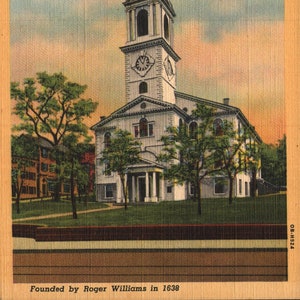 Vintage Linen Postcard First Baptist Church Fondée par Roger Williams en 1638 Providence Rhode Island 1940