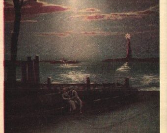 Vintage Pre-Linen Postcard Night Scene New York Harbor New York City 1920s Statue of Liberty