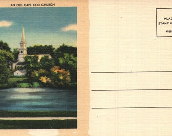 Vintage Linen Postcard An Old Cape Cod Church Massachusetts 1930s or 1940s