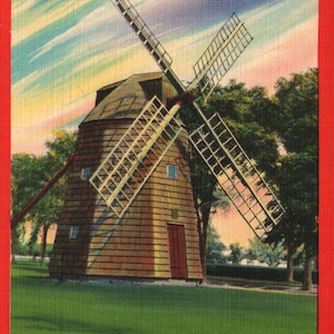 Vintage Linen Postcard The Old Mill Long Island New York 1940s Red Border Southampton Windmill