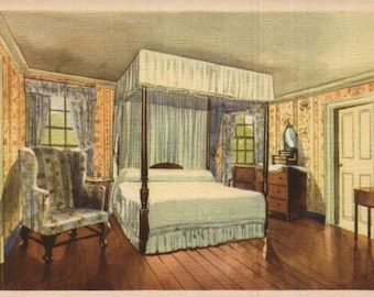Vintage lino postal General Washington's Bed Chamber Mount Vernon Virginia 1934