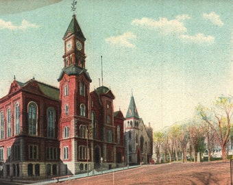 Vintage vykort i linne, stadshuset Haverhill, Massachusetts, 1910-talet