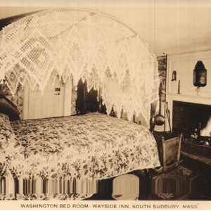 Cartão postal vintage com foto real Washington Bed Room Wayside Inn South Sudbury Massachusetts década de 1940