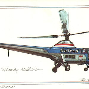 Vintage Pebble Finish CardStock Carte postale United Airlines Sikorsky Model S-51 Illustration par Roy Andersen 1973