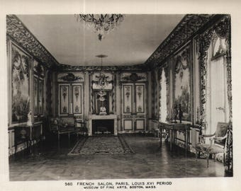 Postal vintage con foto real del Salón Francés de París, período Luis XVI, Museo de Bellas Artes de Boston, Massachusetts, década de 1930