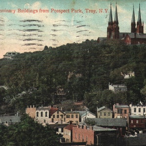 Vintage Pre-Leinen-Postkarte provinzielles Seminar-Gebäude vom Prospect Park Troy New York 1900er Jahre Ungeteilte Rückseite
